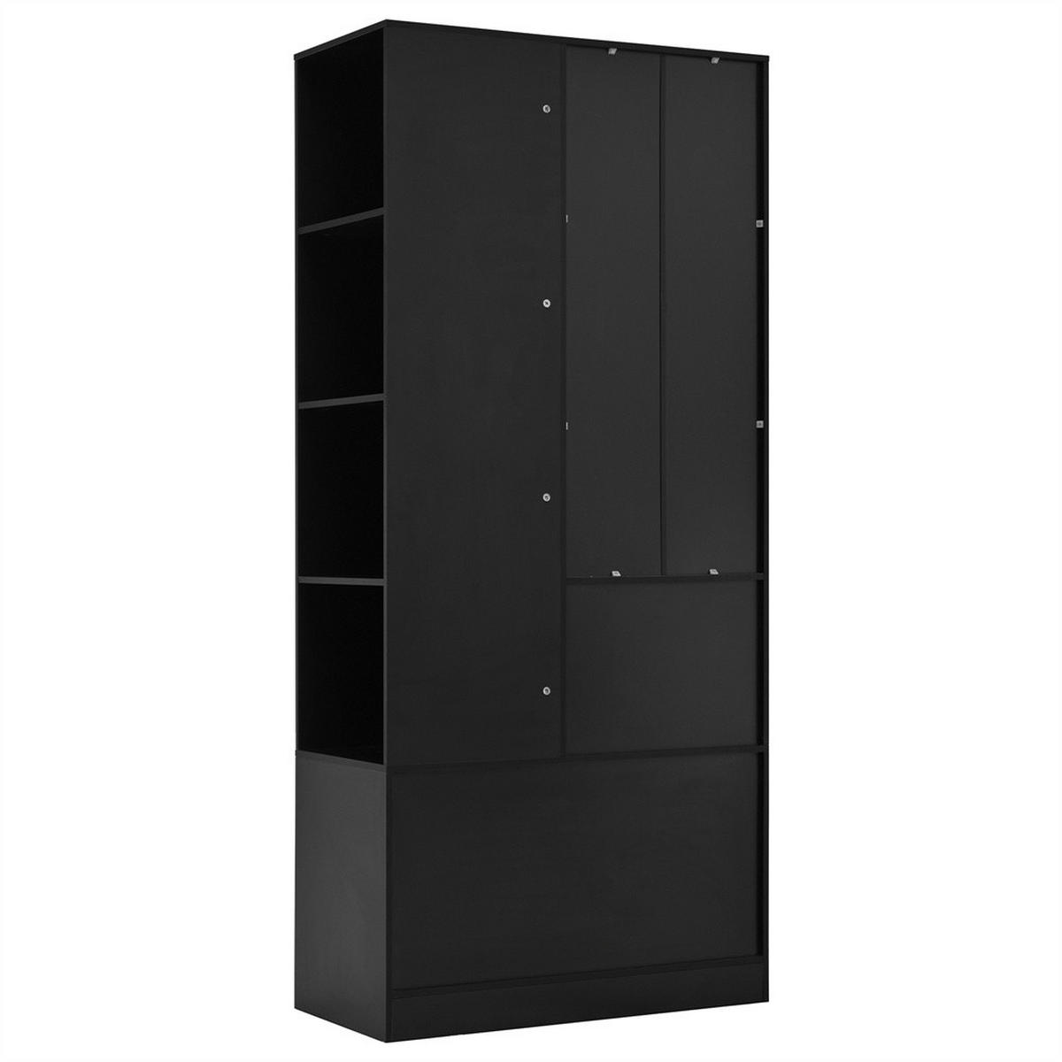KLEIDERSCHRANK mit Spiegel und einer Tür - 2 Schubladen & 4 Fächern - 80x40x180 cm - Weiß & Schwarz - Schwarz, Holzwerkstoff (80/180/40cm) - DELFA
