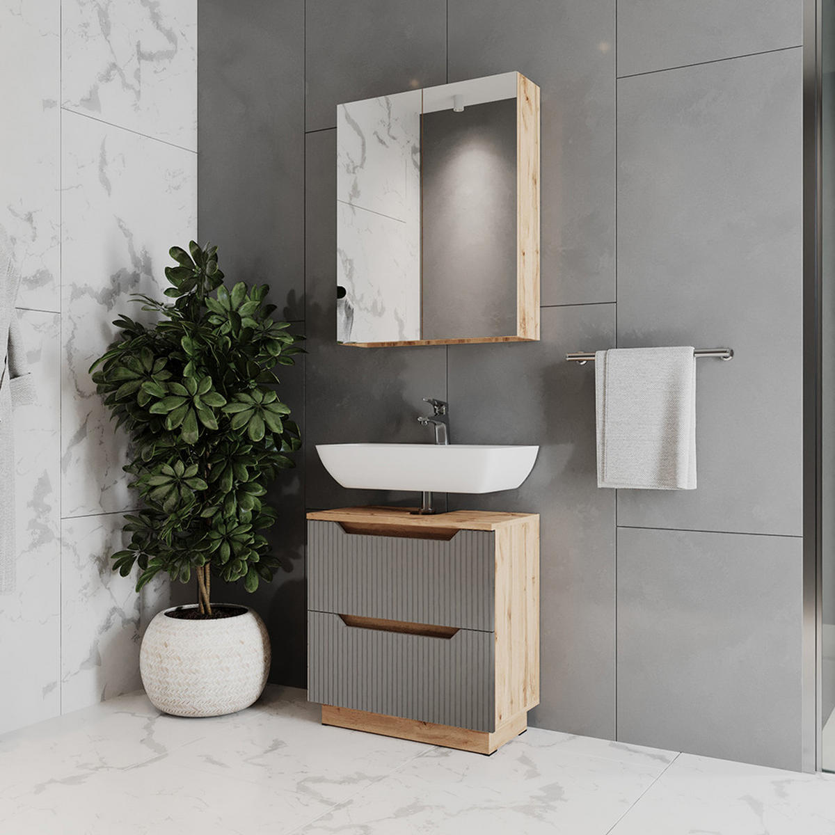 KOUPELNOVÝ NÁBYTEK Lotta Dubový/šedý pruhovaný - šedá/barva dubu, kompozitní dřevo (59.8/62.5/32cm) - Vicco