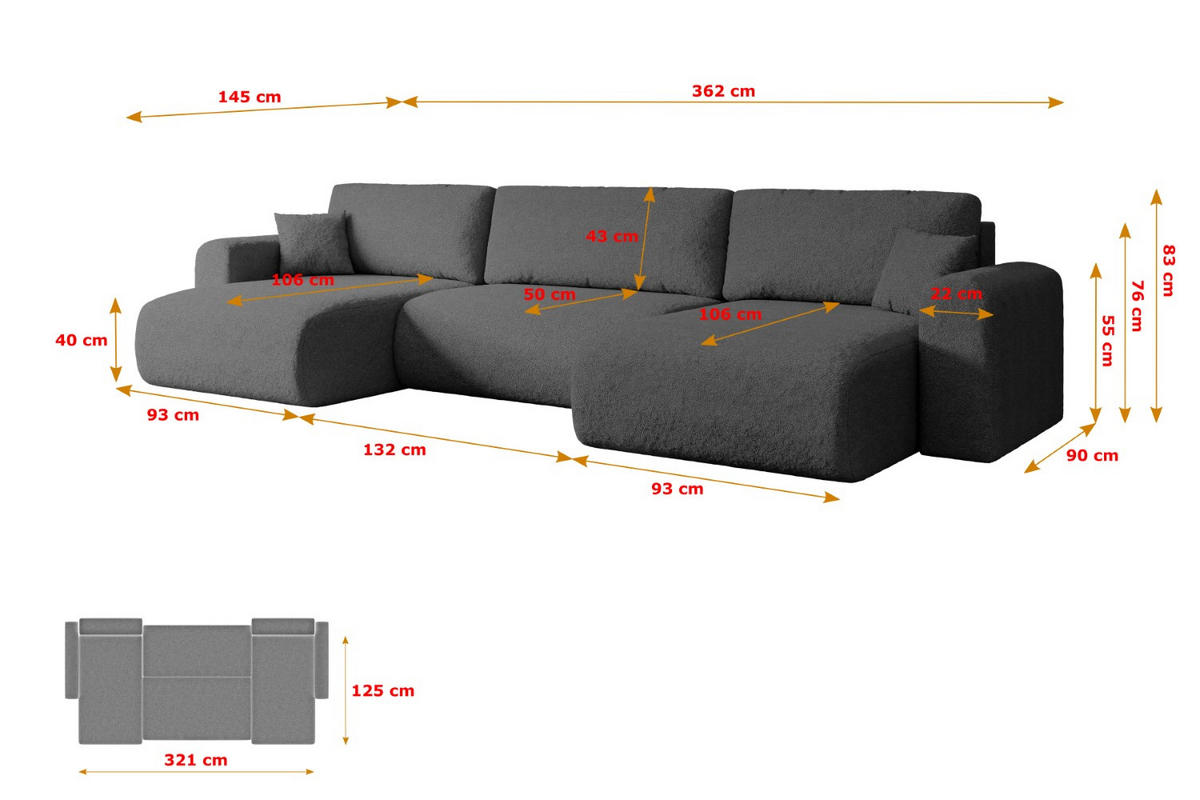 WOHNLANDSCHAFT mit Schlaffunktion und Bettkasten ORRO-U - 362x145x83 cm Grau Bouclé - Schwarz/Grau, Holzwerkstoff/Kunststoff (362/83/145cm) - ALTDECOR