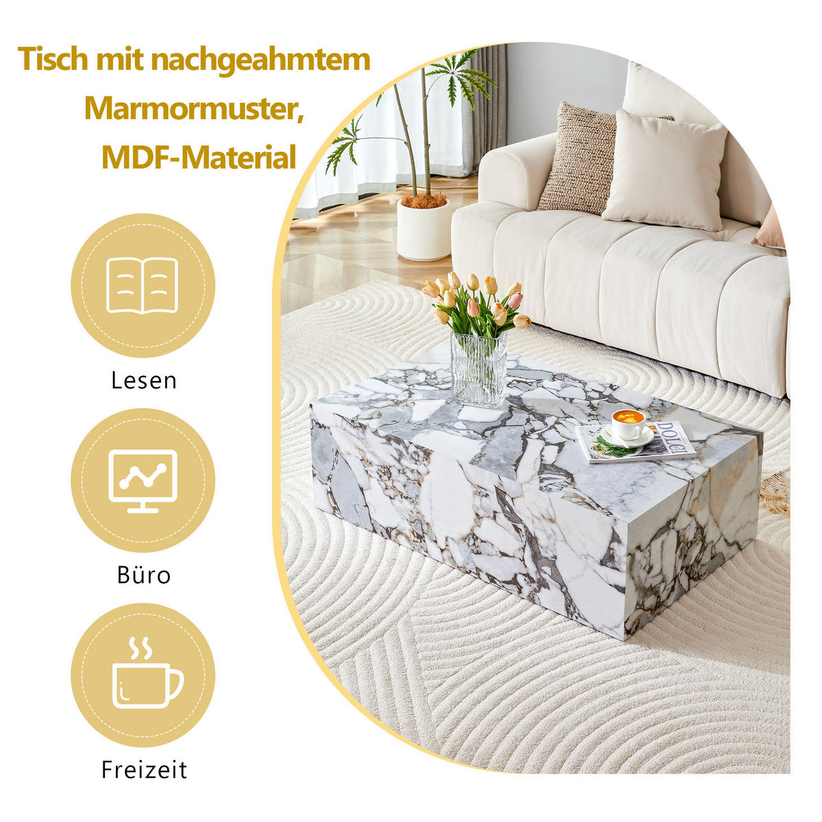 COUCHTISCH 90/50/30 cm weiß aus MDF mit Marmoroptik ohne Montage - Weiß, Holzwerkstoff (90/50/30cm) - OKWISH