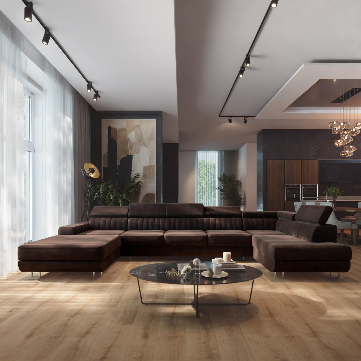 WOHNLANDSCHAFT GAIAN Braun Velours-Stoff mit Schlaffunktion - Braun, Holz (412/88/190cm) - MASSENO
