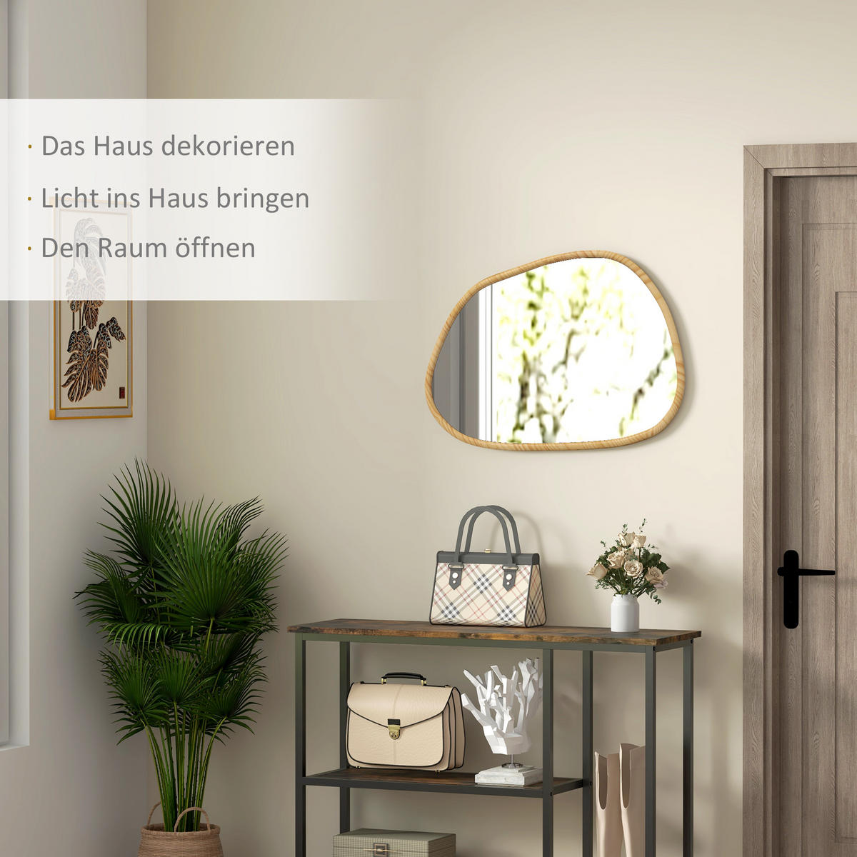 ASYMMETRISCH Wandspiegel, 80 x 60 cm Badezimmerspiegel mit Holzrahmen für Bad - Naturfarben, Glas/Holzwerkstoff (2.1/60/80cm) - HOMCOM