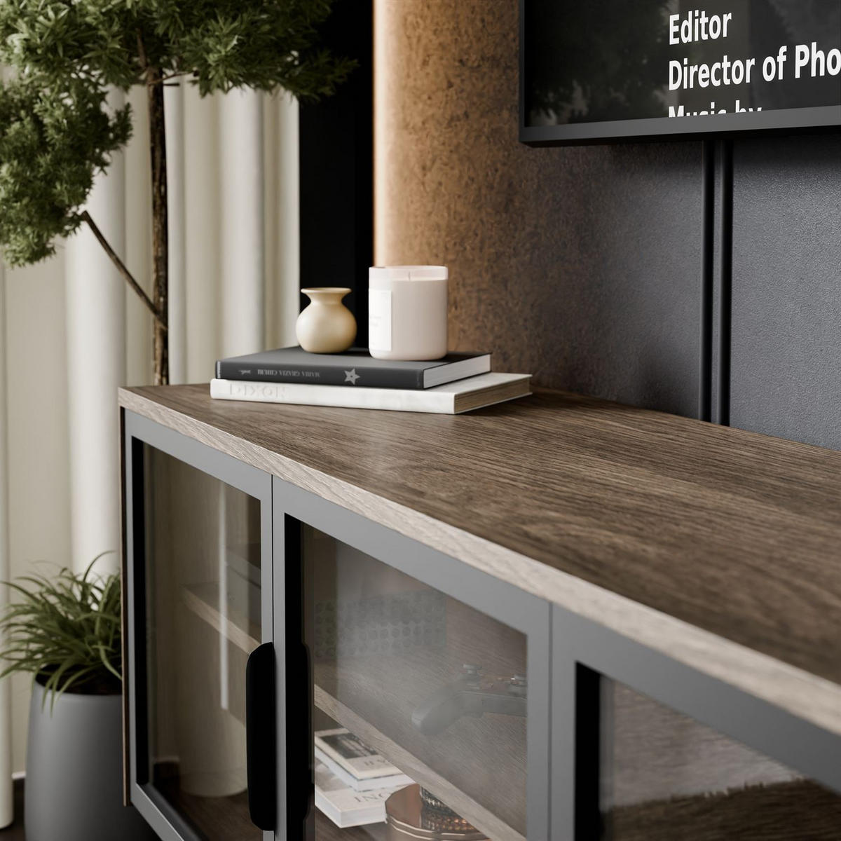 TV-ELEMENT LINEA LOFT mit LED-Beleuchtung Eiche + Schwarz - Eichefarben, Holzwerkstoff (181/62/39cm) - Lookway