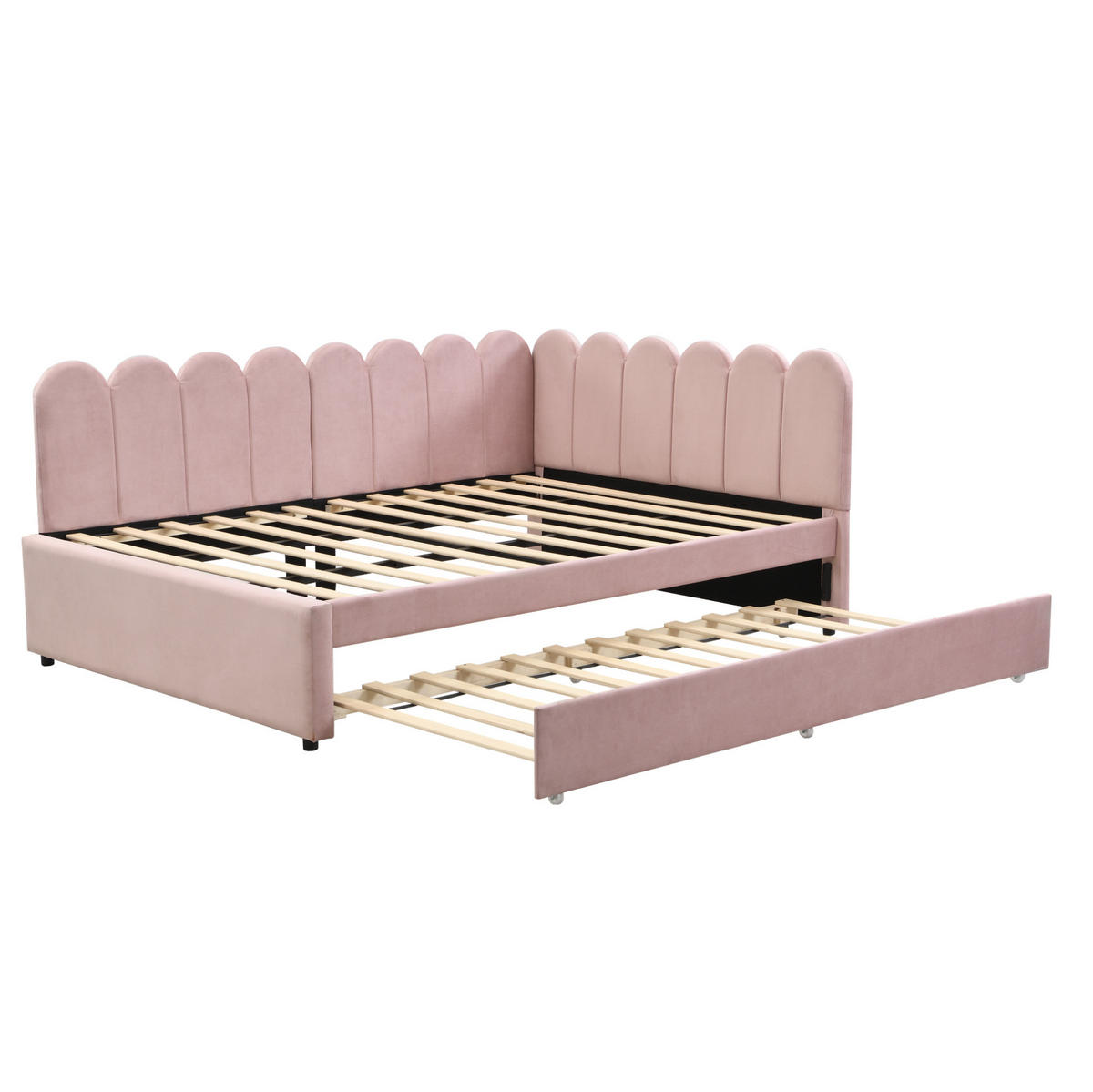 BETT aus Samtstoff 140x200 cm Rosa mit Ausziehbett, L-Form und blütenblattförmiger Rückenlehne - Rosa, Leder (140/200cm) - Modfu