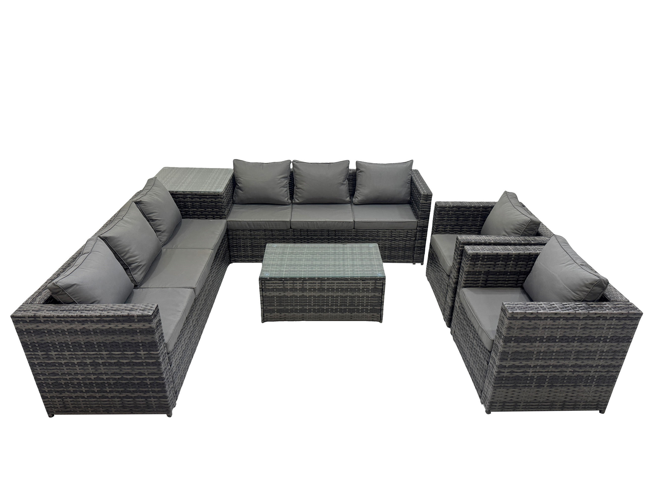 LOUNGESOFA SET mit Stuhl Polyrattan 8-Sitzer - Dunkelgrau/Grau, Glas/Kunststoff - Fimous