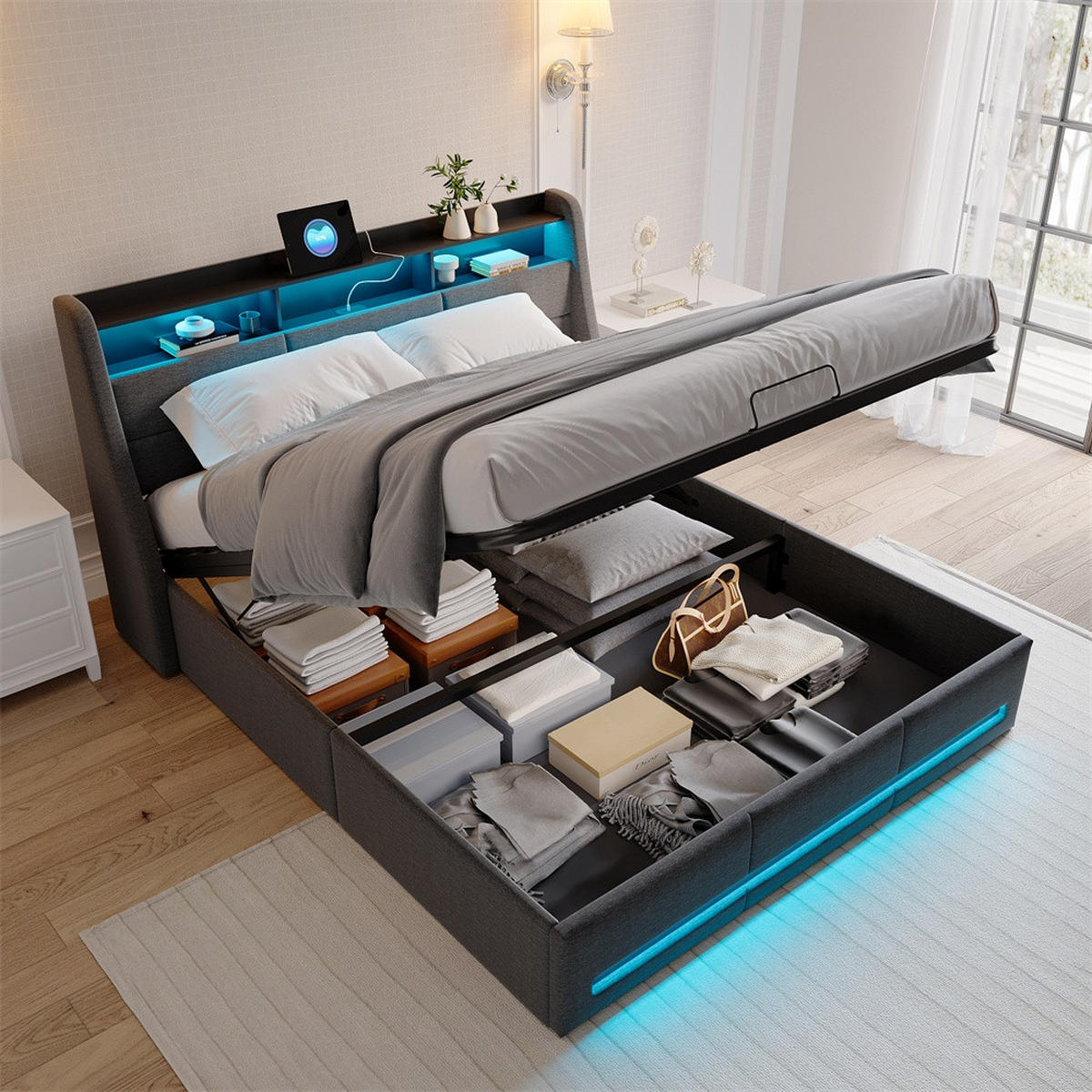 POLSTERBETT 160x200 cm - mit LED-Beleuchtung (Kopf- & Fußteil), USB-Ladefunktion und hydraulischem Bettkasten - Grau - Grau, Textil (160/200cm) - DELFA