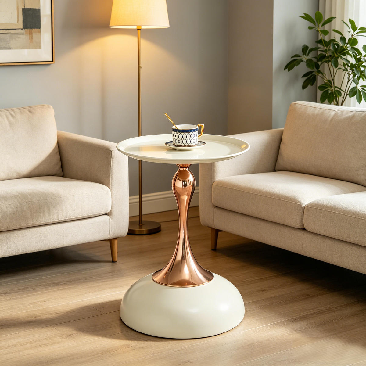 COUCHTISCH Runder Beistelltisch-Weiß Kleiner Nachttisch-Metallbasis für Wohnzimmer - Weiß, Holz (40/30/54cm) - Raelunyi