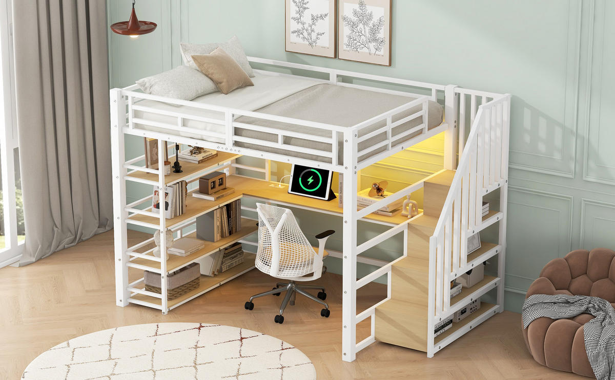 HOCHBETT 140x200 cm mit Schreibtisch, 4-stöckigem Regal und Stauraumtreppe, LED und Ladestation, weiß - Weiß, Holzwerkstoff (140/200cm) - Luhomfu