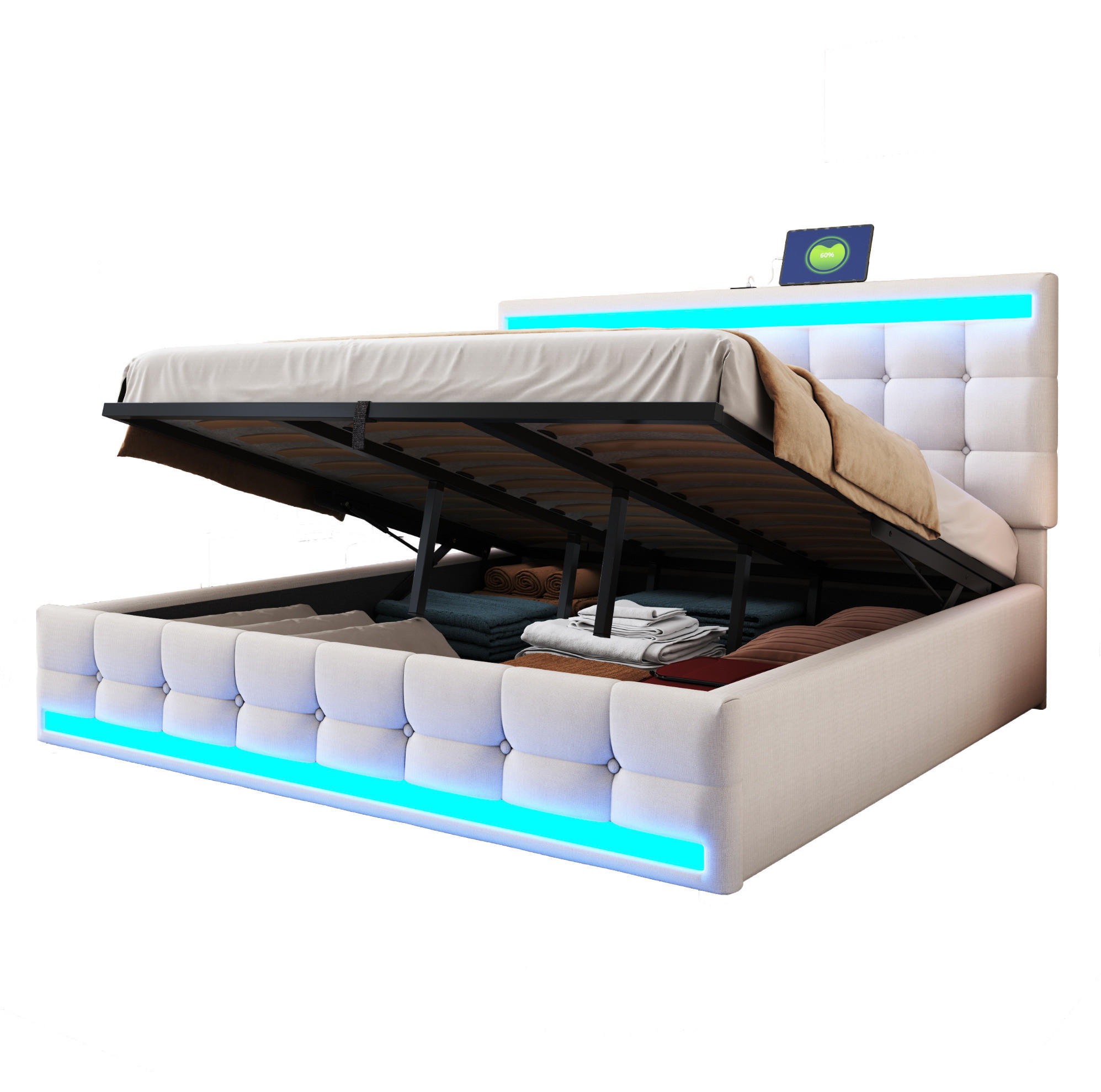 TAPECIRANI krevet 180/200 cm s LED osvjetljenjem, USB priključcima i podesivim uzglavljem, Bež - bež, tekstil (180/200cm) - Redom