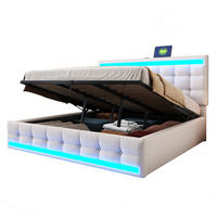 ČALÚNENÁ posteľ 180/200 cm s RGB LED osvetlením, USB portami a nastaviteľným čelom, Béžová - béžová, textil (180/200cm) - Redom