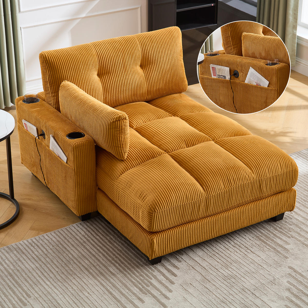 RÉCAMIERE Cord Senfgelb mit USB, Getränkehaltern und Seitentasche - Orange, Holzwerkstoff/Kunststoff (140/81/121cm) - WISHDOR