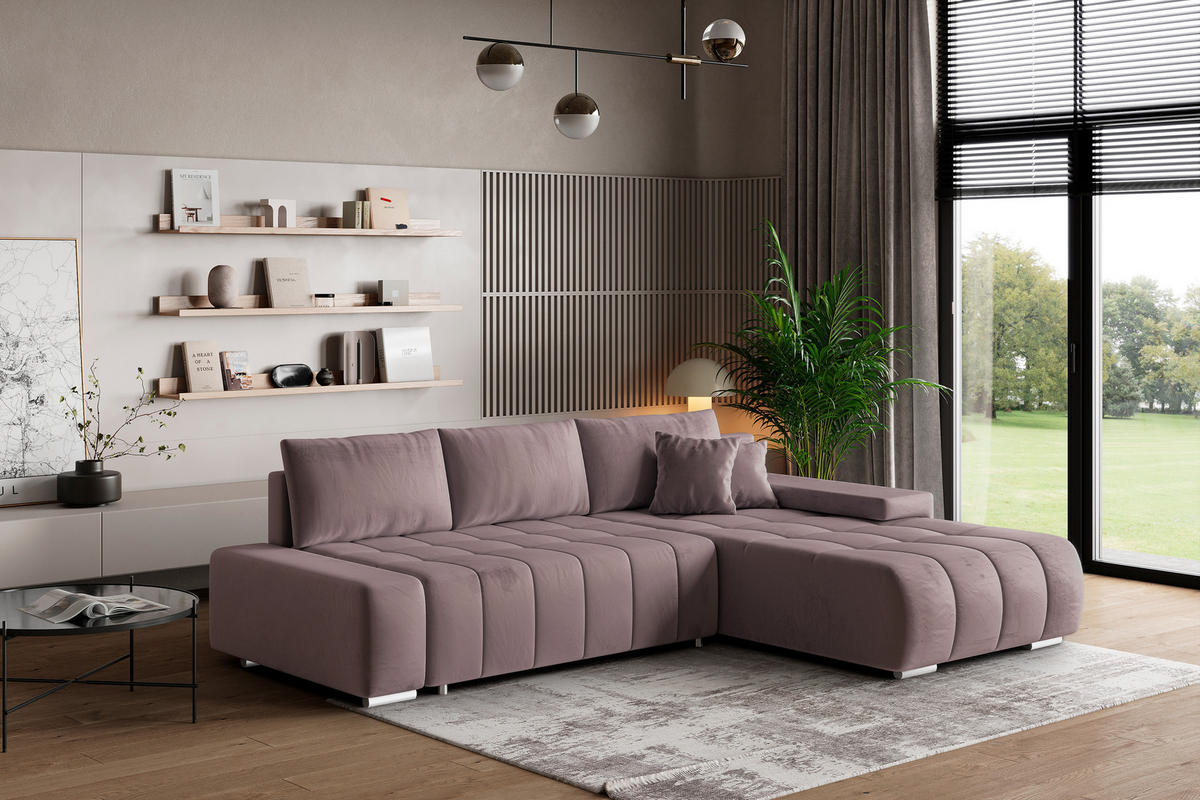 ECKSOFA ALESE R-S Lila Velours-Stoff mit Schlaffunktion - Lila, Holz (265/185cm) - MASSENO