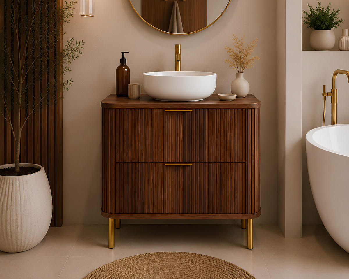 BADEZIMMERSCHRANK : Farbe Eiche-Nussbaum, Griff gold, Füße gold, 80 x 41,5 x 66,7 cm - Goldfarben/Braun, Holzwerkstoff (80/66.7/41.5cm) - 3XE LIVING