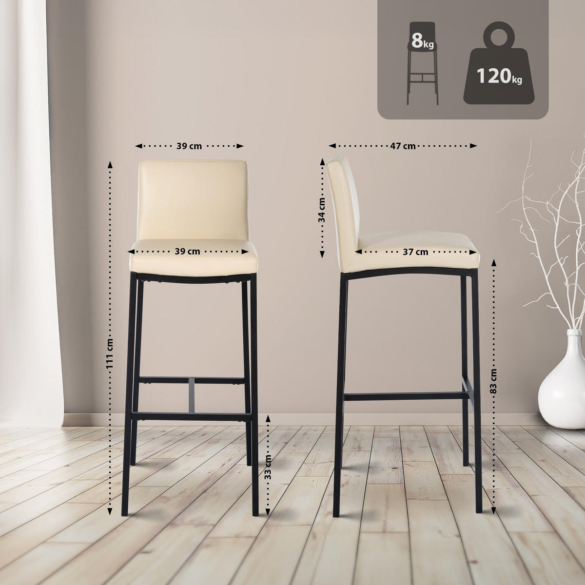 BARHOCKER Lederlook Creme - Creme/Schwarz, Textil/Metall (43/111/47cm) - CLP