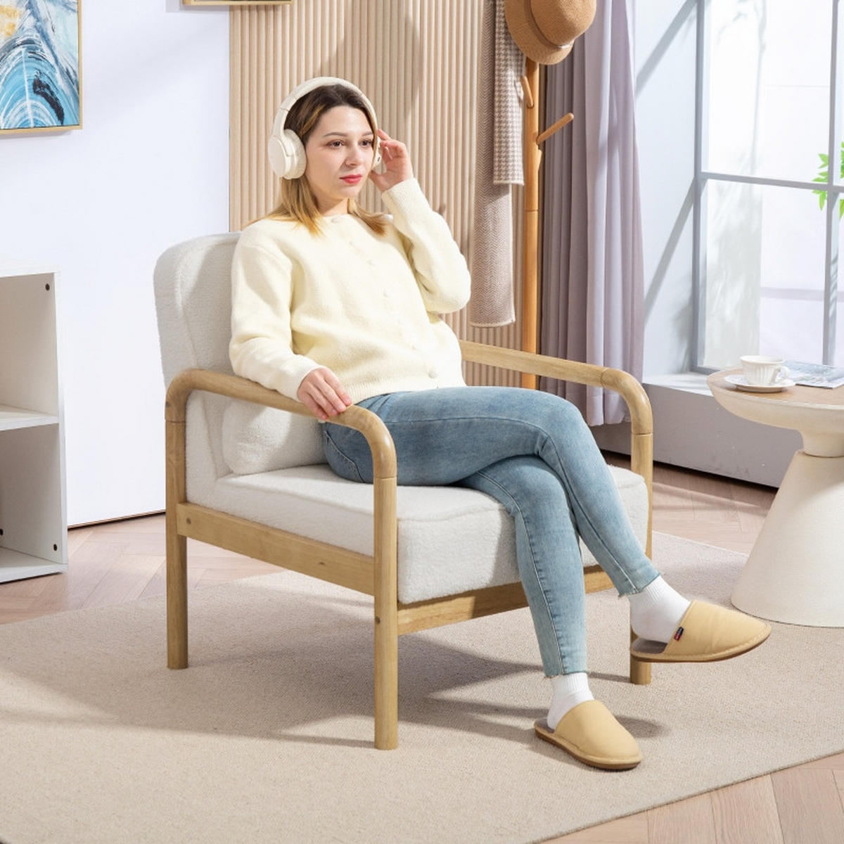 LOUNGESESSEL mit Armlehnen, Kissen Holzbeine 67/80/83 cm Weiß - Weiß, Holz (67/83/80cm) - Redom