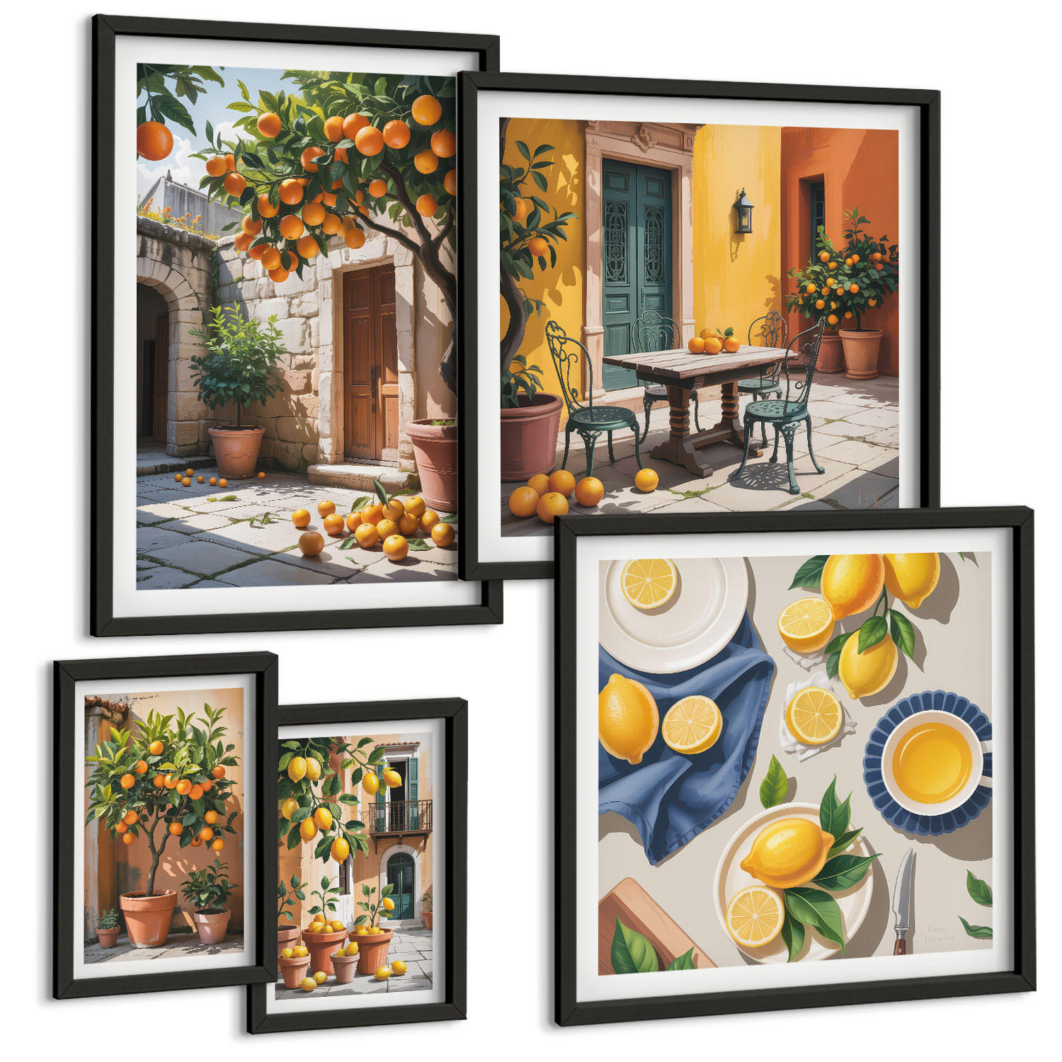 BILDER SET 5er Set - 50x50 cm & 20x30 cm & 40x60 cm Schwarzer Rahmen - Zitrusgarten in der Sonne - Schwarz, Kunststoff (40/60cm) - TULUP