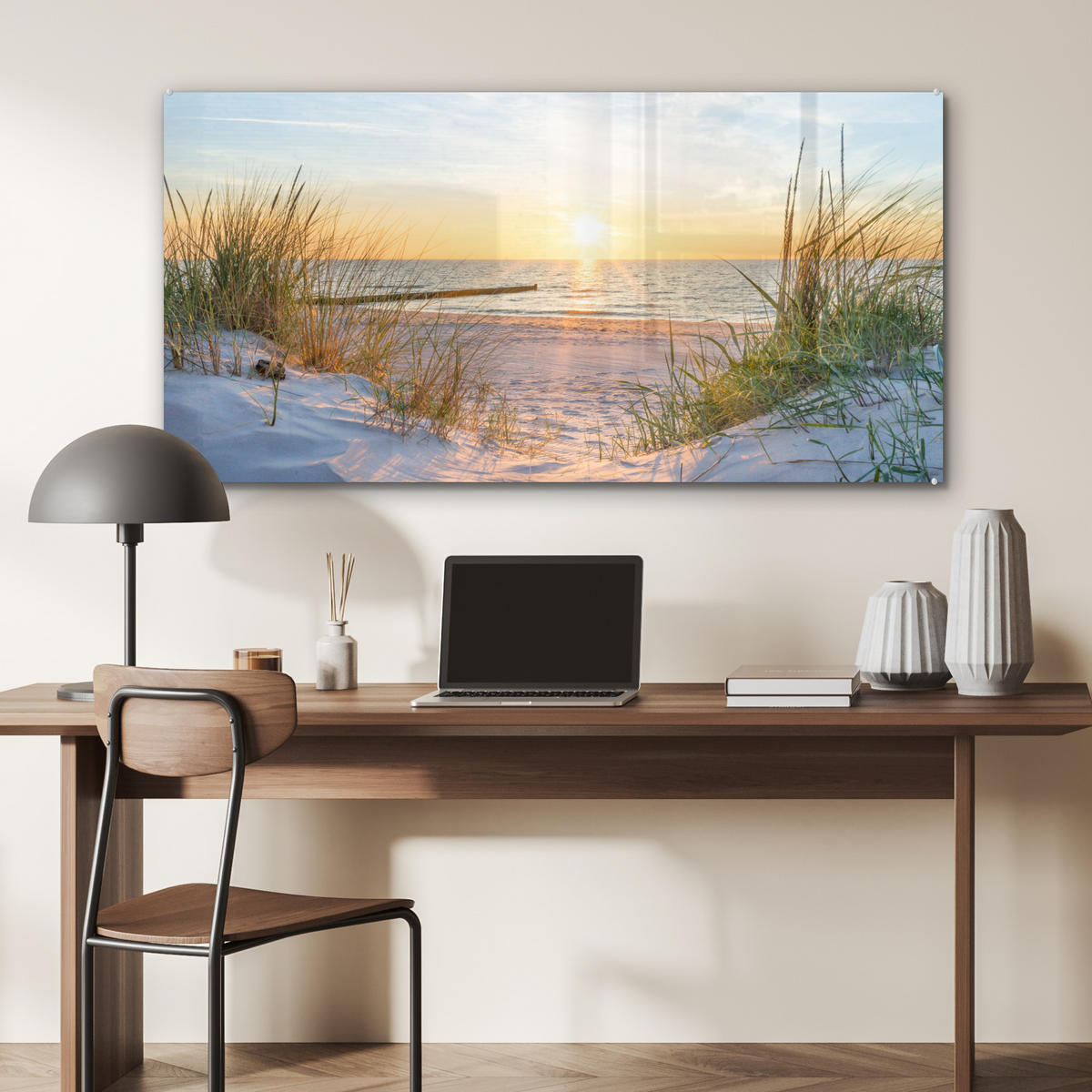 OBRAZ NA AKRYLOVOM SKLE Pláž - Slnko - Duny - Tráva - Piesok - Horizont 120x60 cm - svetlomodrá, sklo (120/60cm) - MuchoWow