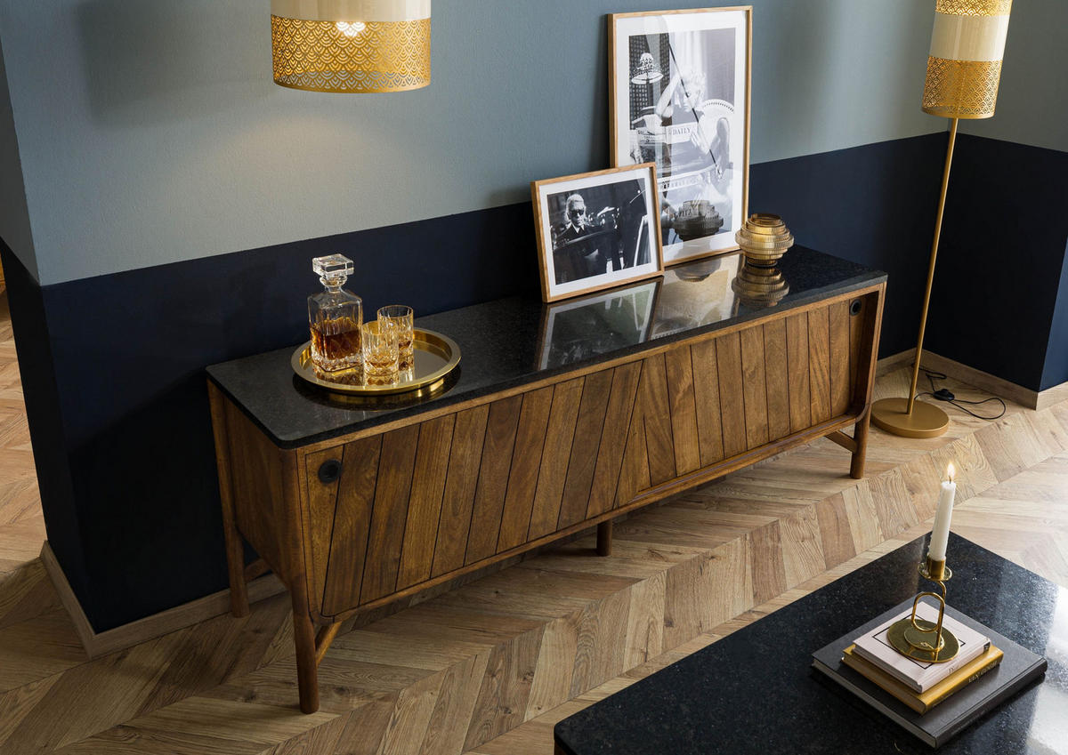 SIDEBOARD Mango 185x45x65 braun geölt / dunkler Granit LOS ANGELES #107 - Braun, Holz (185/65/45cm) - Massivmoebel24