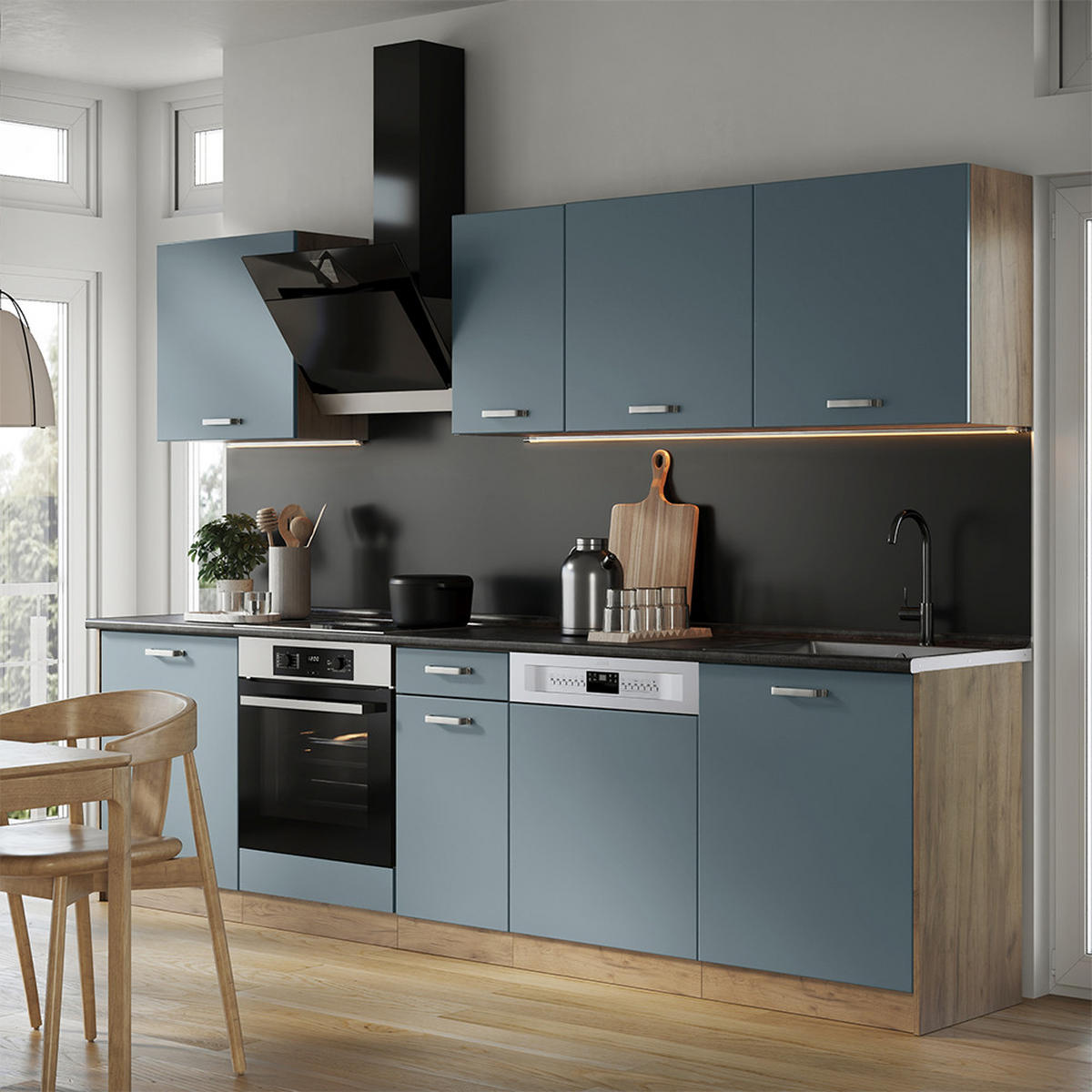 KÜCHENZEILE R-Line, Blau-Grau/Goldkraft Eiche, 280 cm Arbeitsplatte Goldkraft Eiche - Honigeiche/Blaugrau, Holzwerkstoff (280/206.8/60cm) - Vicco