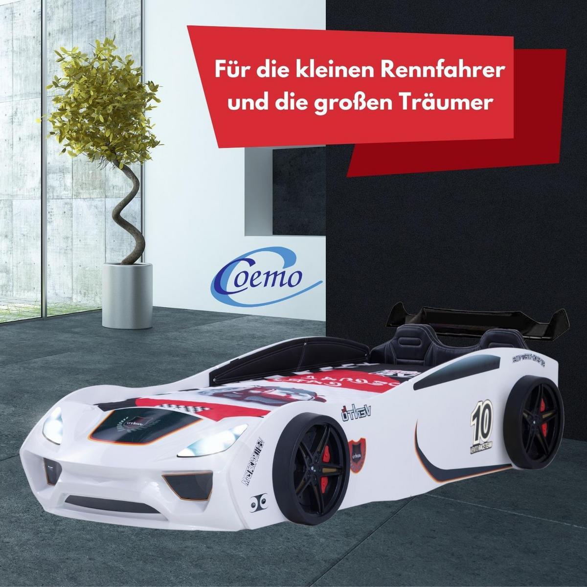AUTOBETT VENTO SPORT in Weiß Kinderbett mit Lederpolster und Lattenrost - Weiß, Holzwerkstoff (90/200cm) - Coemo