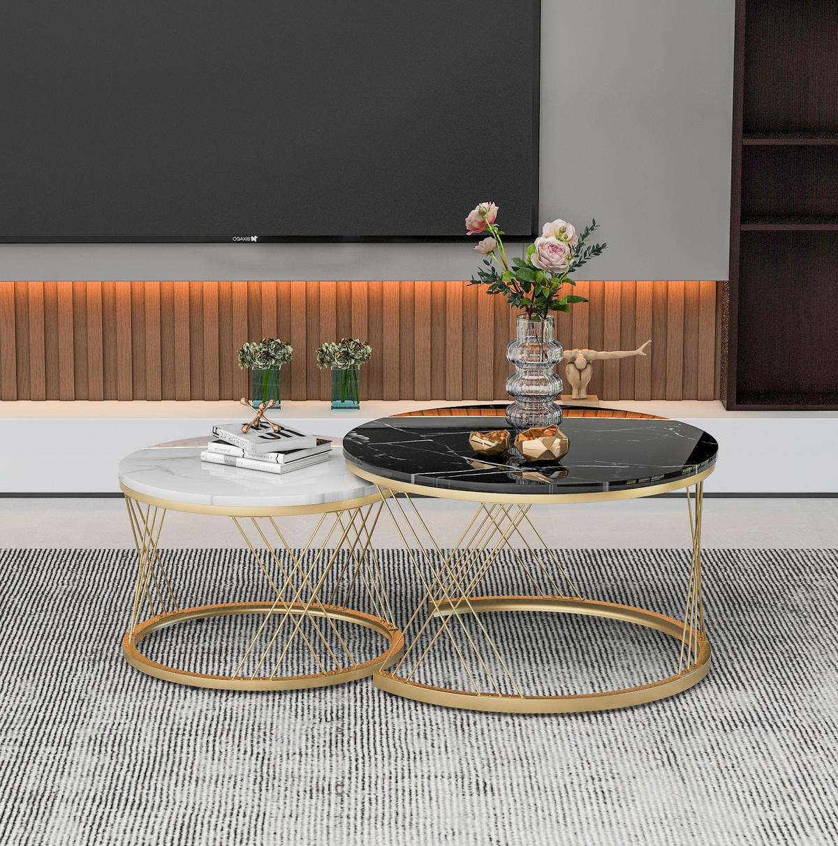 COUCHTISCH-SET 70/70/45 cm, 2-teilig ineinanderschiebbar mit Marmormuster und Metallgestell, Schwarz - Schwarz, Holzwerkstoff (70/70/45cm) - Redom