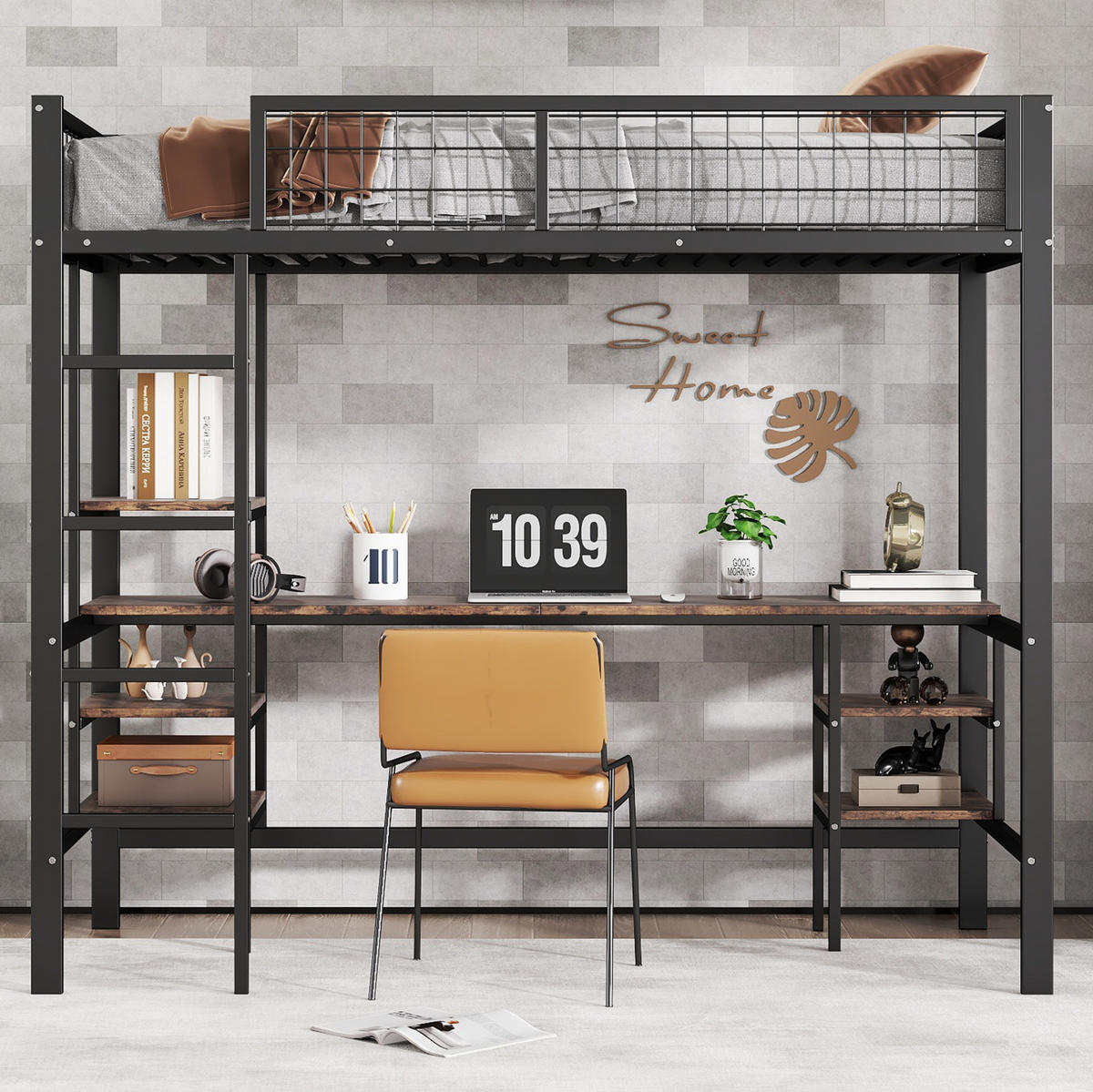 HOCHBETT 90/200 cm aus Metall mit Schreibtisch und Regal - Schwarz, Metall (90/200cm) - BEAOK