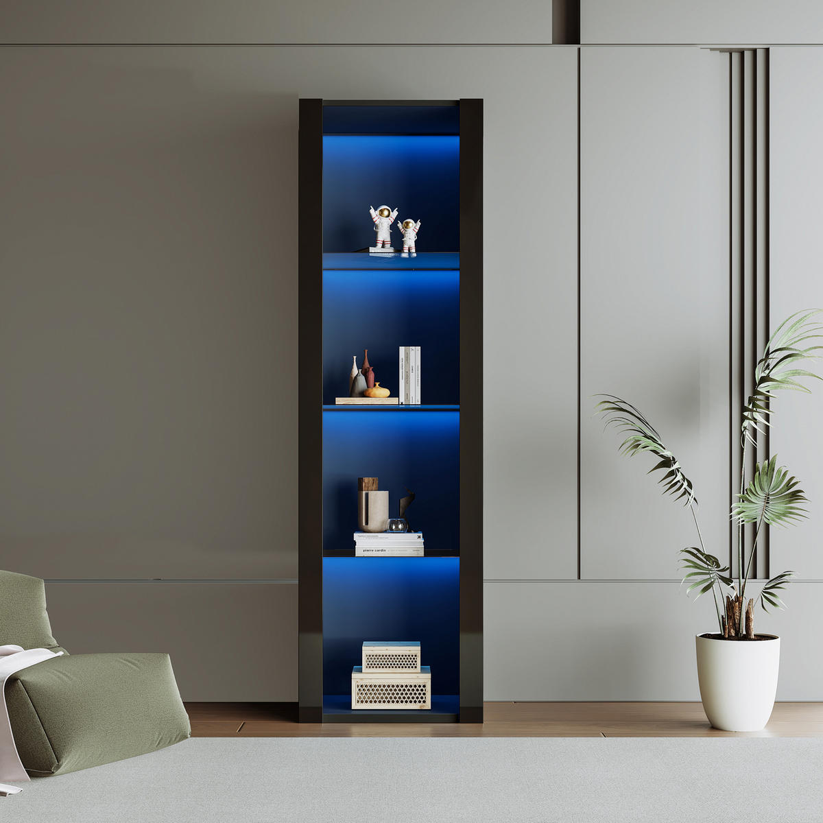 VITRINE 55/38/166 cm schwarz aus Spanplatte mit LED und 3 Glasböden - Schwarz, Holzwerkstoff (55/166/38cm) - OKWISH