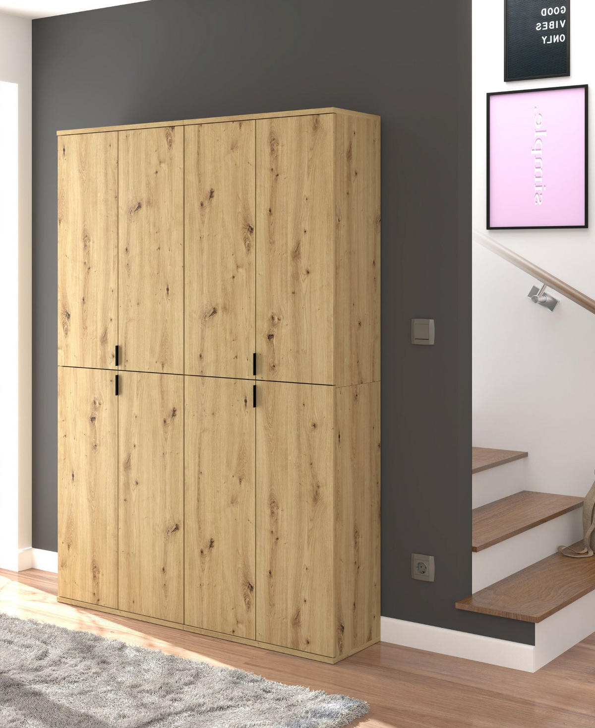 GARDEROBENSCHRANK Eiche 122 cm, Flurschrank mit flexibler Inneneinteilung - Schwarz/Eiche Artisan, Holzwerkstoff/Metall (122/193/34cm) - Inn.Furn