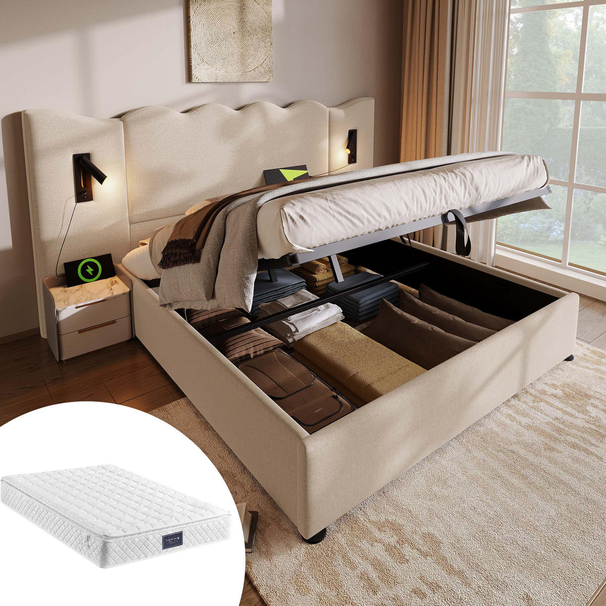 POLSTERBETT 160/200 cm Beige aus Leinen mit Stauraum, Leselampe und Matratze - Beige, Textil (160/200cm) - OKMYHOME