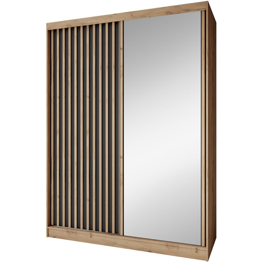 SCHWEBETÜRENSCHRANK Donatello 160/205/60 2-türig eiche Artisan/schwarz mit Spiegel - Schwarz/Eiche Artisan, Holzwerkstoff (160/205/60cm) - Beautysofa