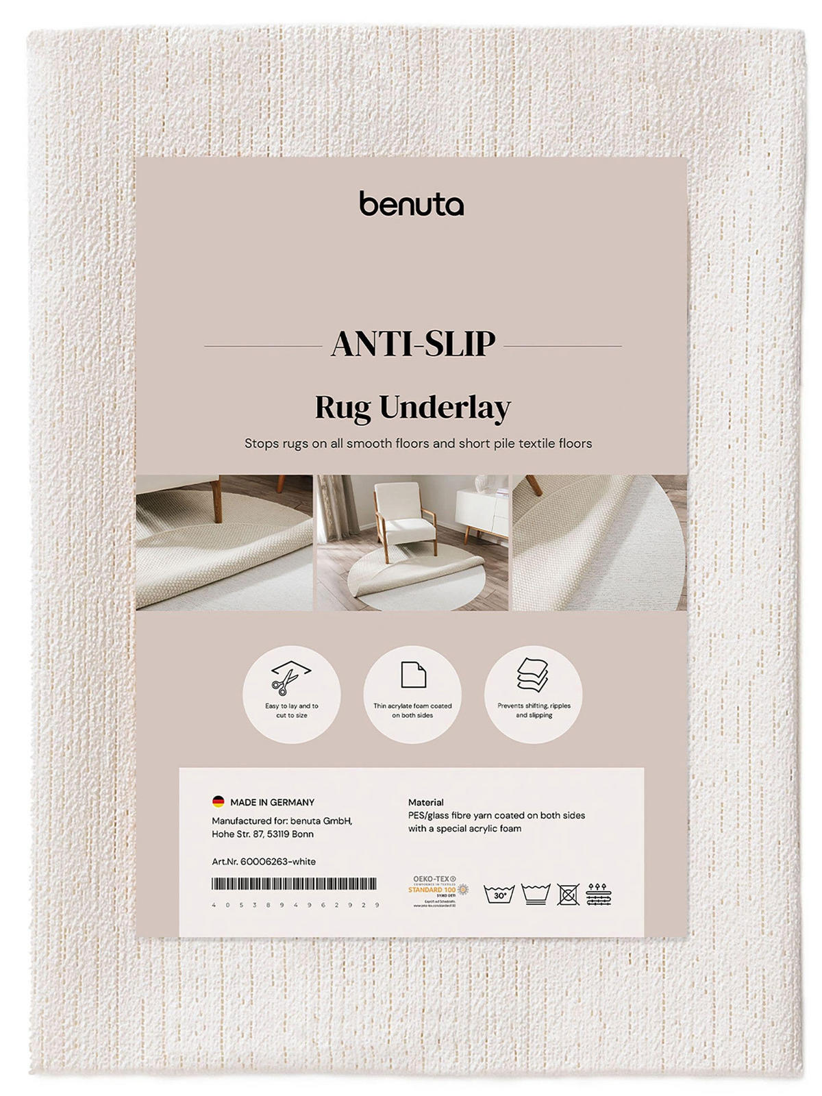 TEPPICHUNTERLAGE Zubehoer Weiß ø 150 cm rund - Weiß, Textil (150/150cm) - benuta