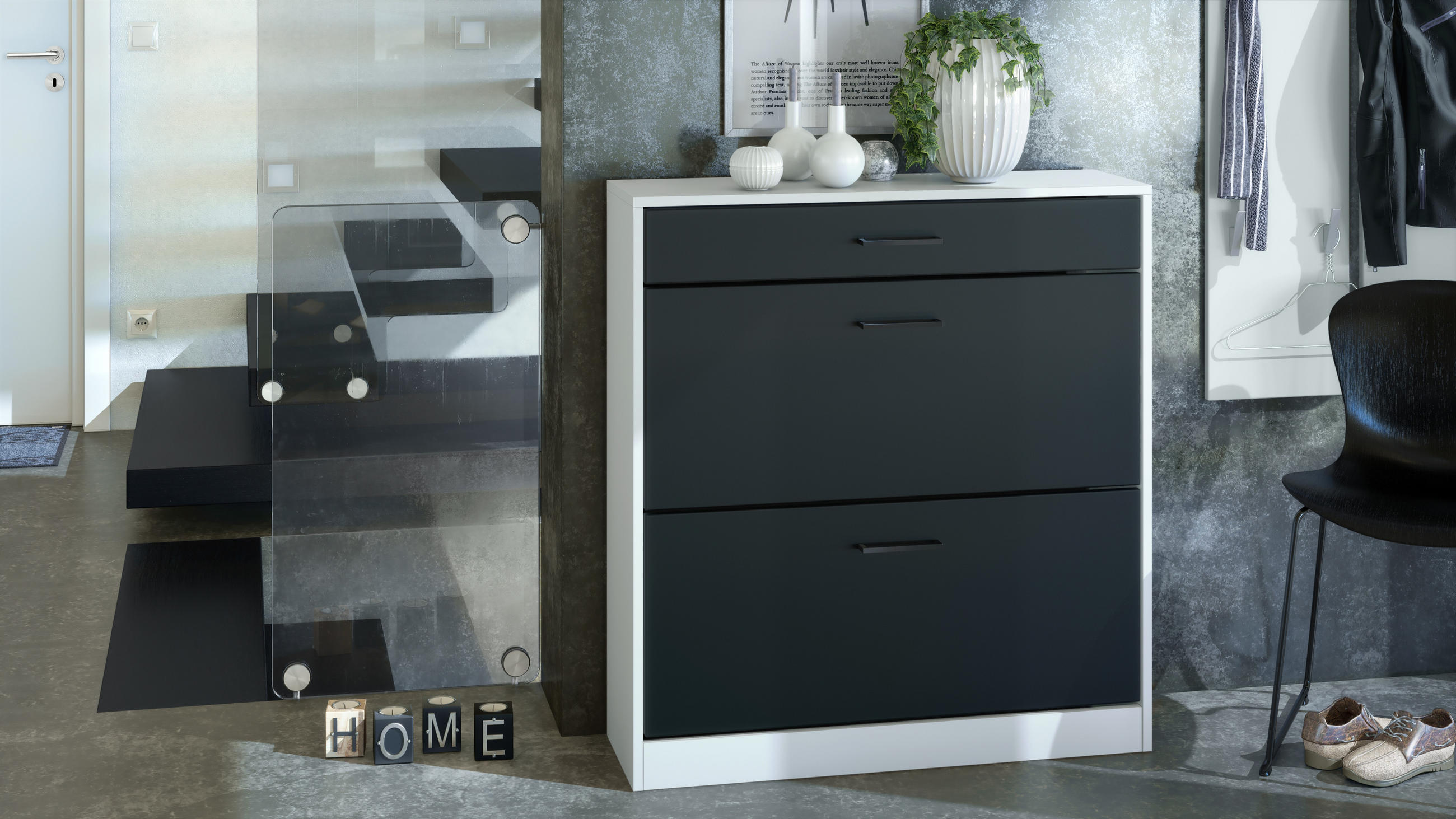 SCHUHSCHRANK Elvas Front in Schwarz matt - Schwarz, Holzwerkstoff (89/95.5/27cm) - Vladon