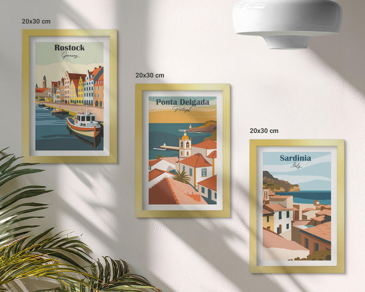 WANDBILDER 3er Set - 20x30 cm Goldrahmen - Ansichten europäischer Küstenstädte - Goldfarben, Kunststoff (20/30cm) - ArtPrintCave
