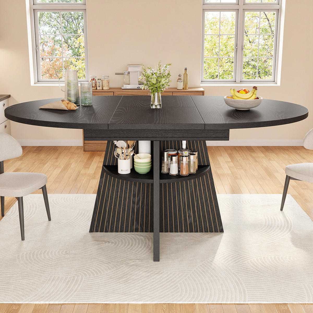 ESSTISCH Ausziehbar Ablagefach MDF Schwarz - Schwarz, Holzwerkstoff (110/110/76cm) - FLIEKS