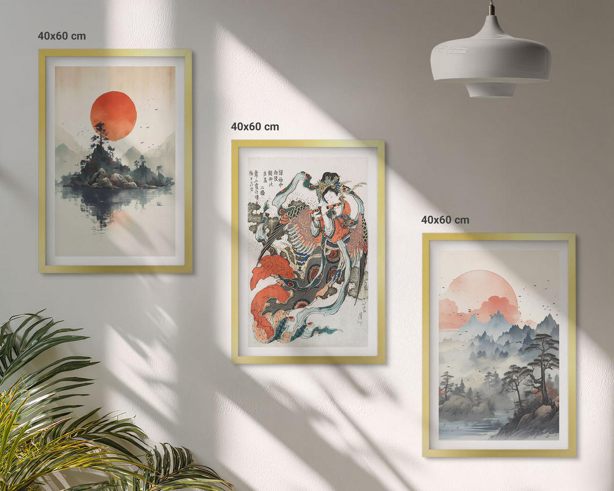 WANDBILDER 3er Set - 40x60 cm Goldrahmen - Asiatische Japandi-Malereien - Goldfarben, Kunststoff (40/60cm) - ArtPrintCave