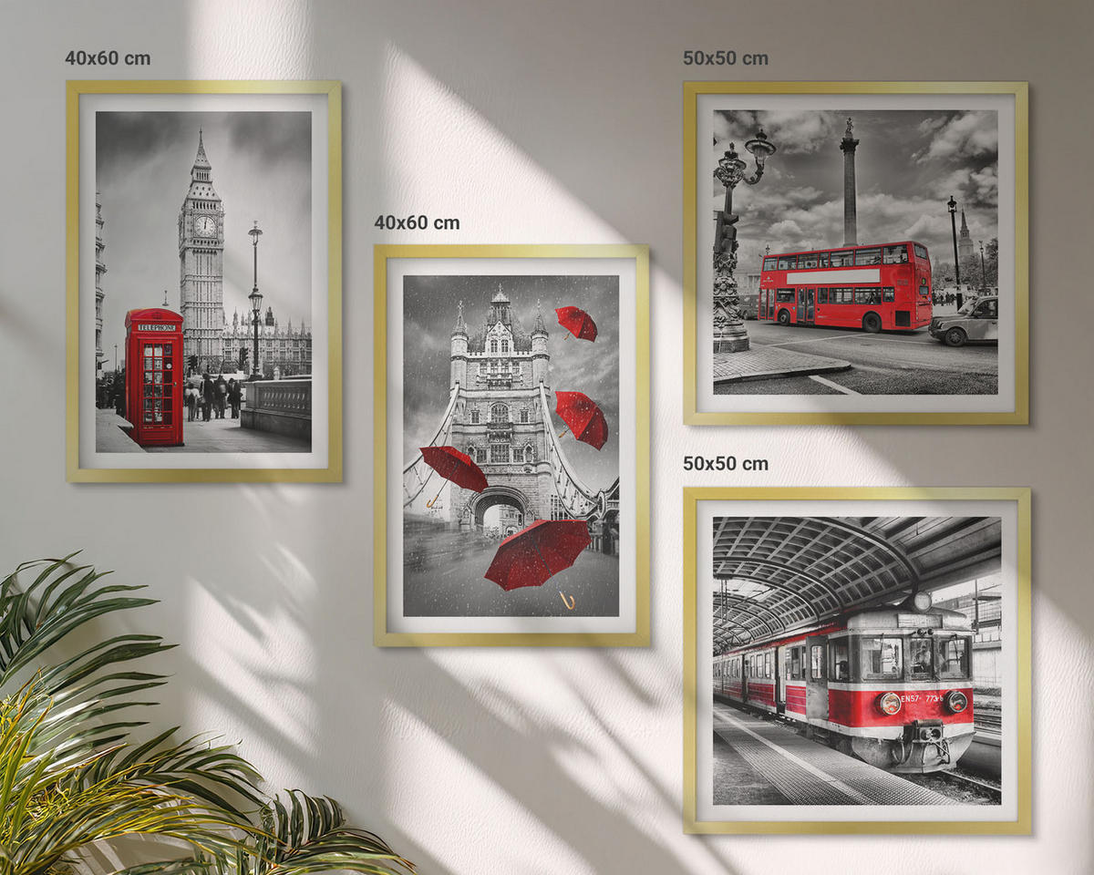 BILDER SET 4er Set - 50x50 cm & 40x60 cm Goldrahmen - Red Accents London - Goldfarben, Kunststoff (50/50cm) - TULUP