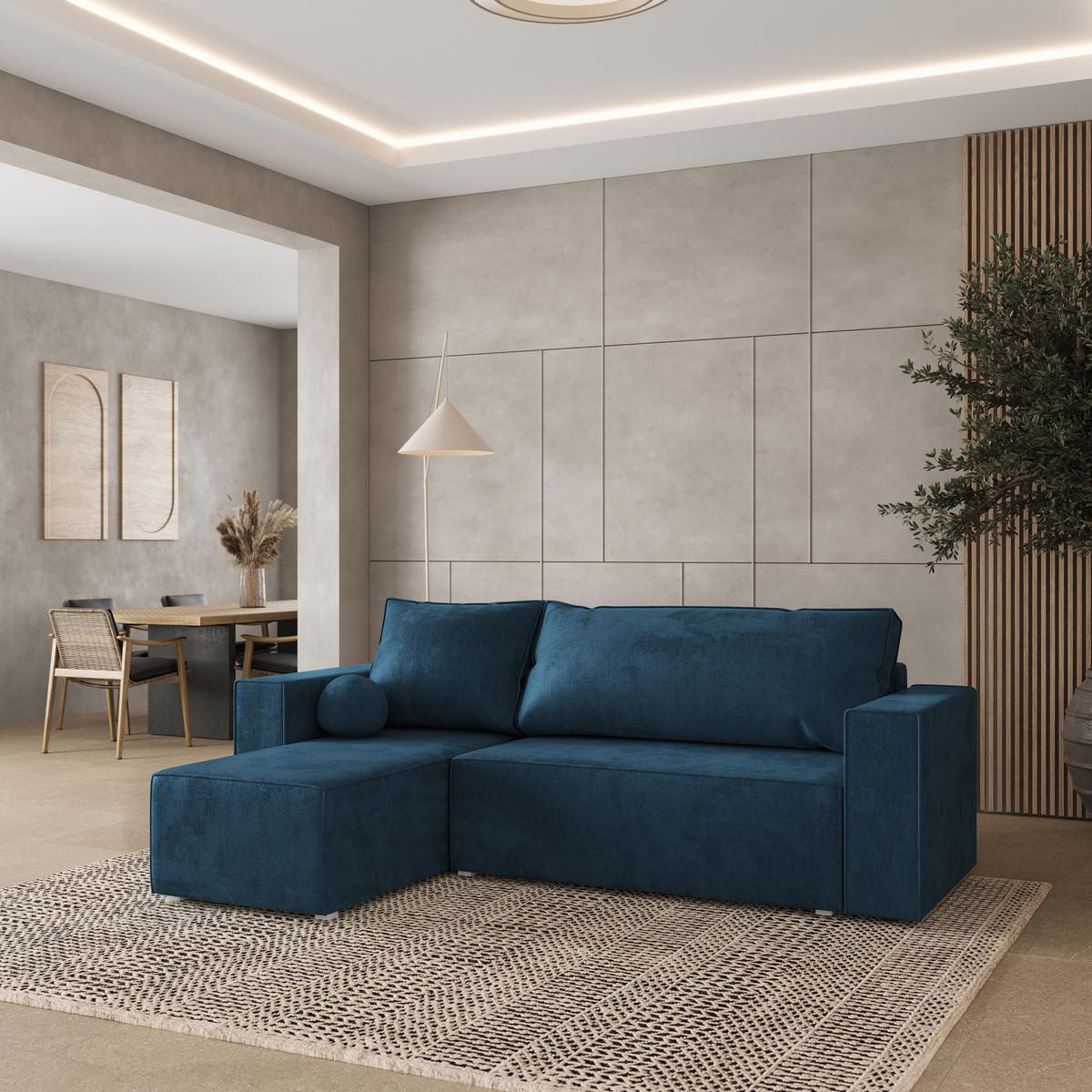 ROHOVÁ SEDAČKA RAVELO modrá - šedá/modrá, dřevo/textil (240/140cm) - MASSENO