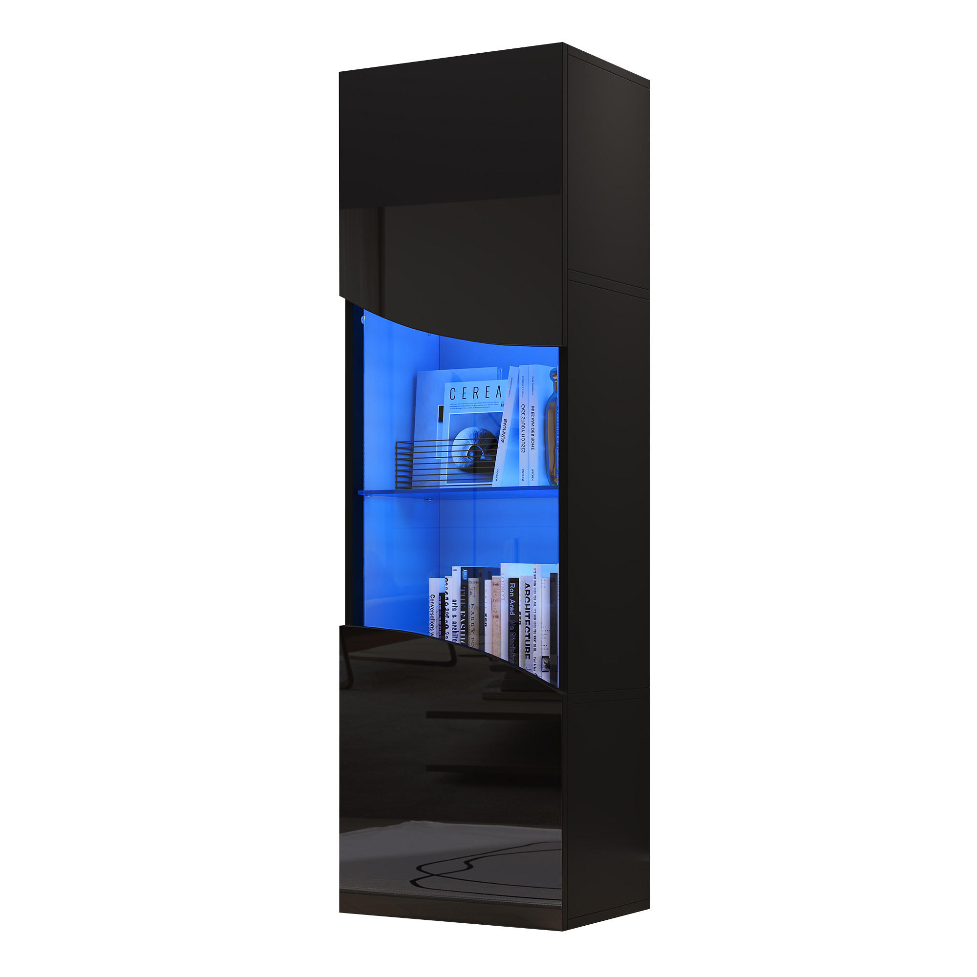 VITRINE LED Hochglanz Vitrinenschrank Wellenoptik 165cm Schwarz - Schwarz, Holzwerkstoff (35/165/50cm) - FLIEKS