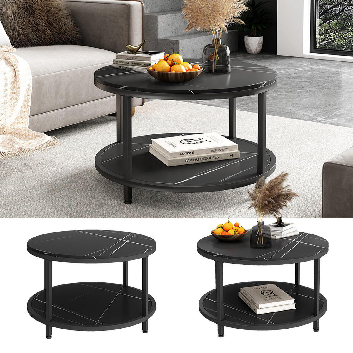 COUCHTISCH Ontario Marmor 80 x 80 cm Rund - Schwarz, Holzwerkstoff (80/80/46cm) - Vicco