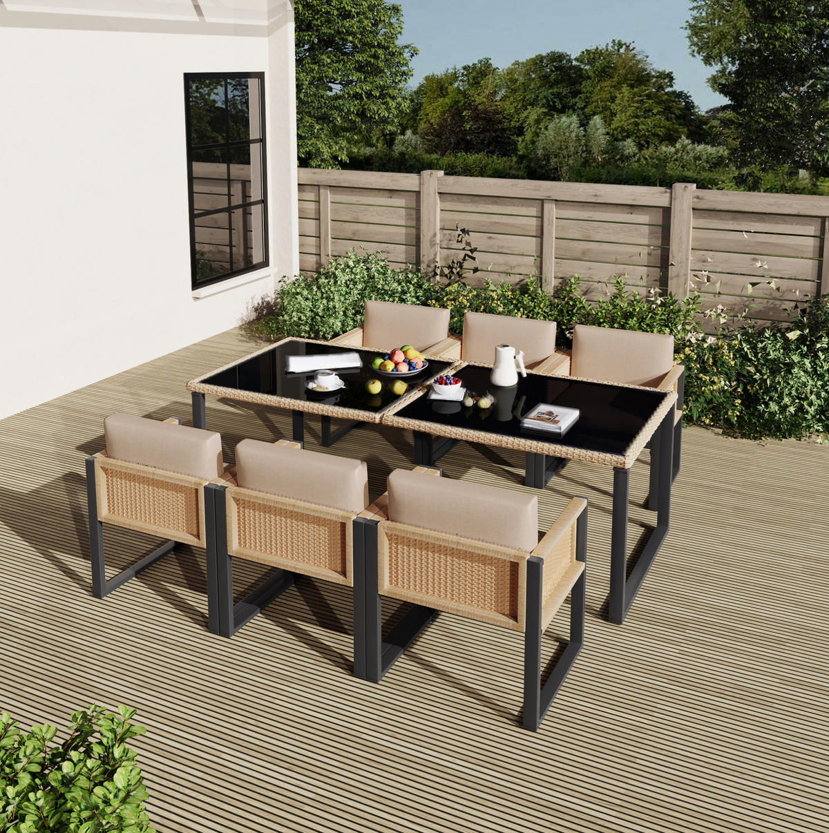 GARTEN-ESSGRUPPE 170/80/75 cm aus Polyrattan mit 6 Stühlen, Glasplatte und abnehmbaren Bezügen, Braun/Schwarz - Schwarz, Kunststoff - Redom