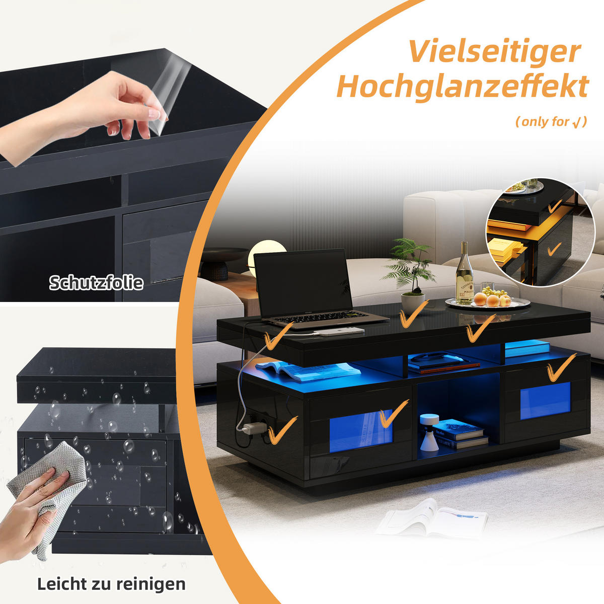 COUCHTISCH 100/50/43 cm Schwarz aus Spanplatte mit LED-Beleuchtung und Steckdose - Schwarz, Holzwerkstoff (100/50/43cm) - OKWISH