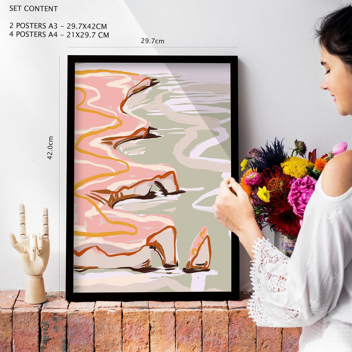 POSTER Set Mit 6 Linienufer In Kulissen Abstracts Ästhetische Dekorative Gemälde Für Ihr Wohnzimmer, Schlafzimmer, Zuhause A3 & A4 Schwarzer Rahmen - Schwarz, Papier (29/3cm) - Nacnic