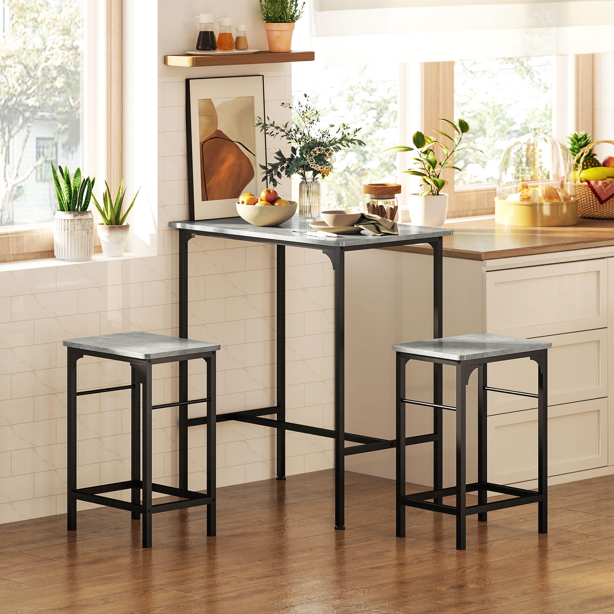BARTISCH Set Bartisch mit Barhocker-Set, Grau - Grau, Holz (80/87/50cm) - HOMCOM