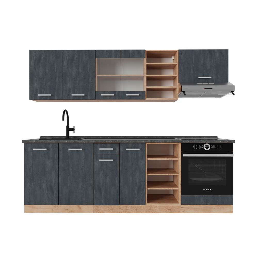 KÜCHENZEILE R-Line Schwarz Beton/Goldkraft Eiche 240 cm AP Anthrazit - Honigeiche/Schwarz, Holzwerkstoff (240/81.6/60cm) - Vicco