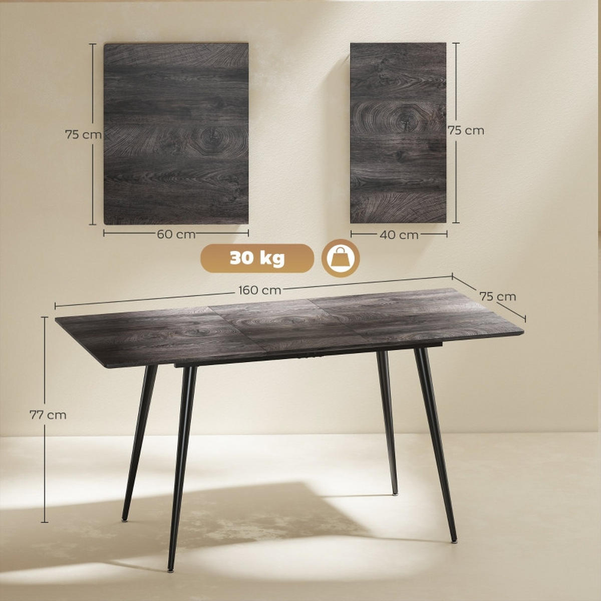 AUSZIEHTISCH 120-160/75/77 cm grau mit versteckter Einlegeplatte aus Holz - Grau, Holz (160/75/77cm) - OKWISH