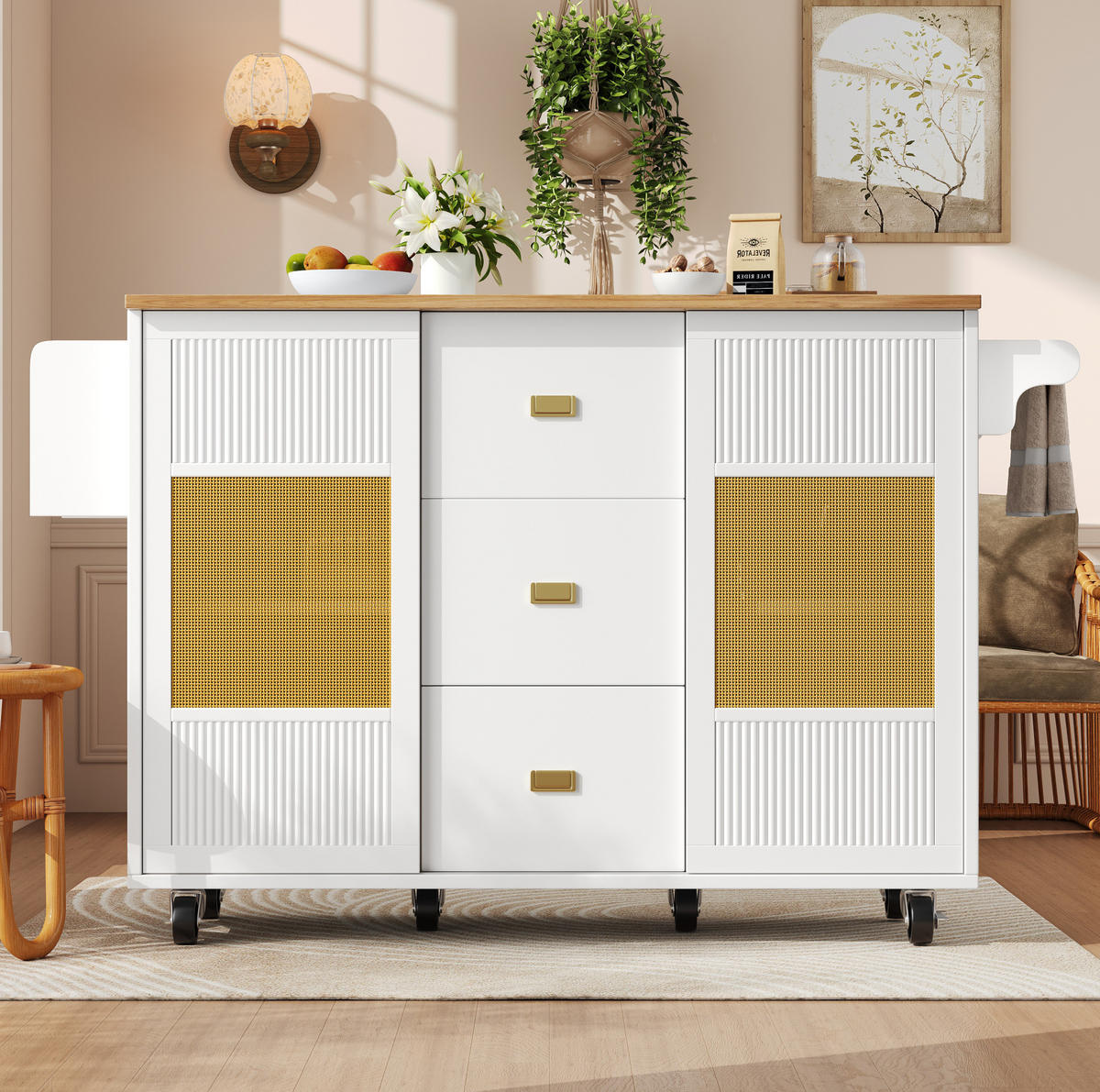 KÜCHENINSEL 146,85/70/90 cm aus MDF und Metall mit klappbarer Tischplatte Weiß - Weiß, Holzwerkstoff (146.85/90/70cm) - Modenvie