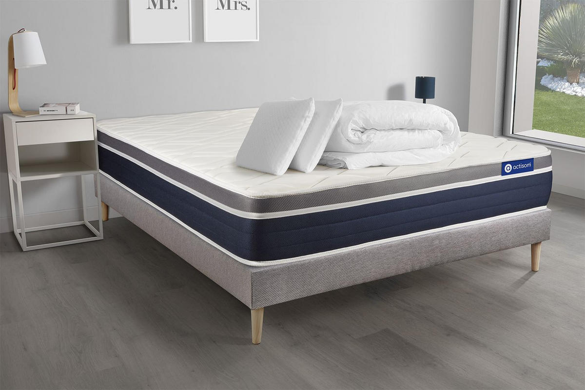 BETT Actilatex confort Latex und Memory-Schaum 180 x 200 cm h2 - Kit Bettgestell Grau - Mit Kissen und Bettdecke - Beige/Grau, Holz/Textil (180/200cm) - ACTISOM