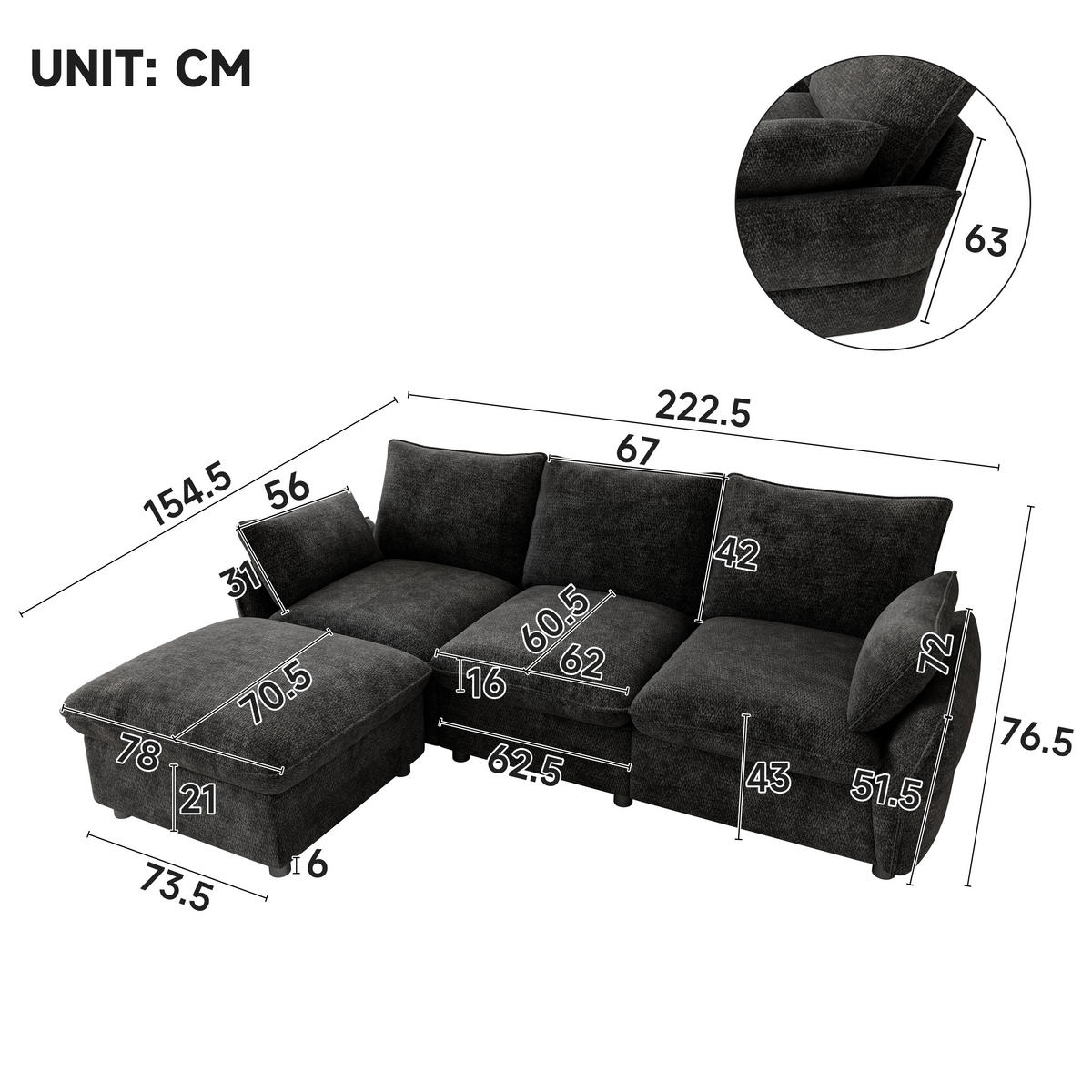 ECKSOFA mit Ottomane, Hocker und 2 Kissen aus Chenille in Dunkelgrau - Dunkelgrau, Textil (222.5/154.5cm) - EVRYAE