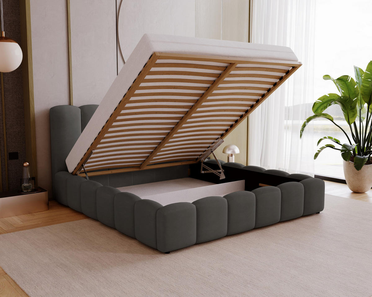 POLSTERBETT 140x200 cm Florent, Bettkasten, Samt, Dunkelgrau - Dunkelgrau, Holz/Textil (140/200cm) - Emporius