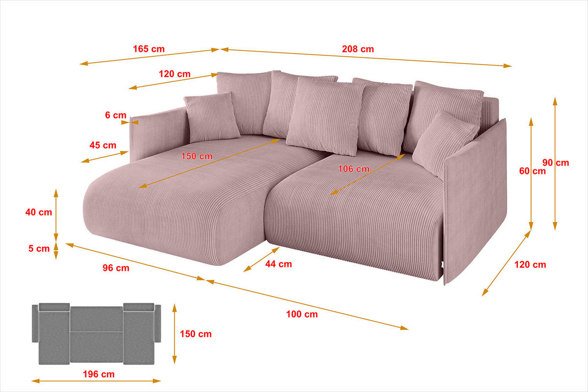 ECKSOFA mit Schlaffunktion und Bettkasten ONESK-L 208x165x40 Rosa Cord - Rosa, Holzwerkstoff/Kunststoff (208/165cm) - ALTDECOR